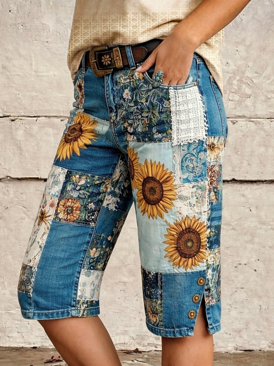 Retro Style Floral Art Print Vintage Casual Denim Shorts